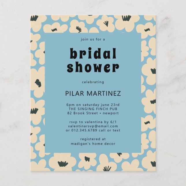 Budget Blue White Floral Bridal Shower Invitation (Front)
