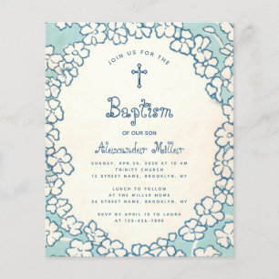 Budget Blue White Floral Frame Baptism Invitation