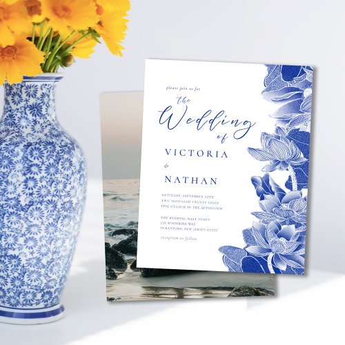 Budget Blue White Floral Photo Wedding Invite