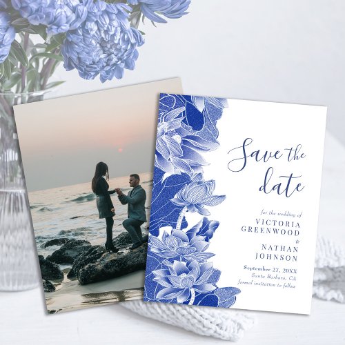 Budget Blue White Floral with Photo Save the Date