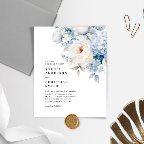 Budget Blue  White Flowers Wedding Invitation