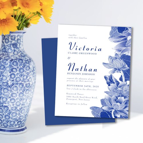 Budget Blue White Photo Floral Wedding Invite 