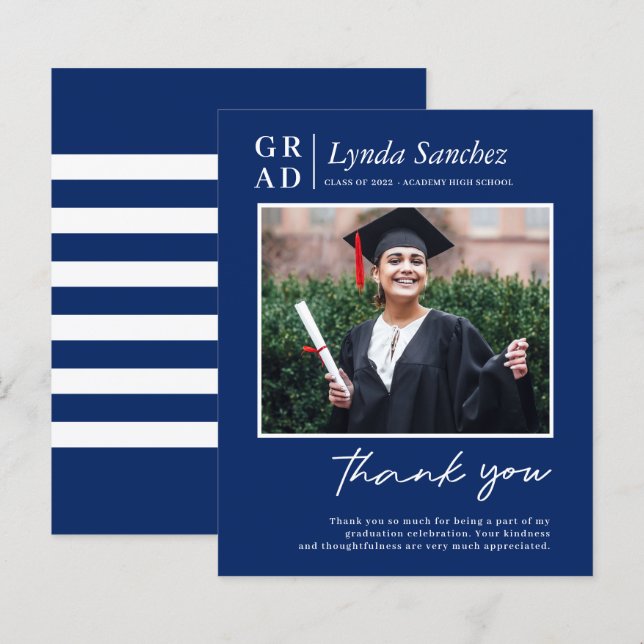 Budget Blue White Photo Graduation Thank You (Front/Back)