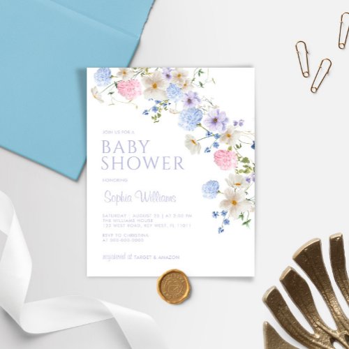 Budget Blue Wildflowers Baby Shower Invitation