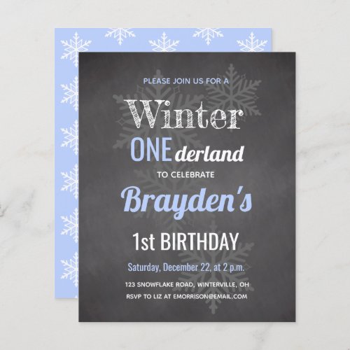 Budget Blue Winter Onederland 1st Birthday Invite