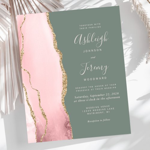 Budget Blush Agate Sage Green Wedding Invitation