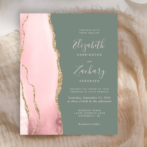 Budget Blush Agate Sage Green Wedding Invitation