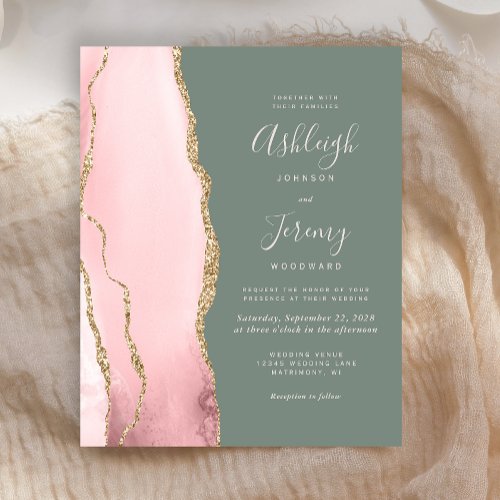 Budget Blush Agate Sage Green Wedding Invitation