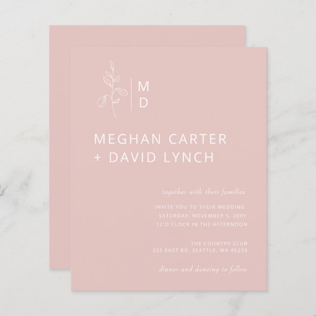 Budget Blush Botanical Monogram Wedding Invitation (Front/Back)