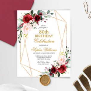 Budget Blush & Burgundy 80th Birthday Invitation