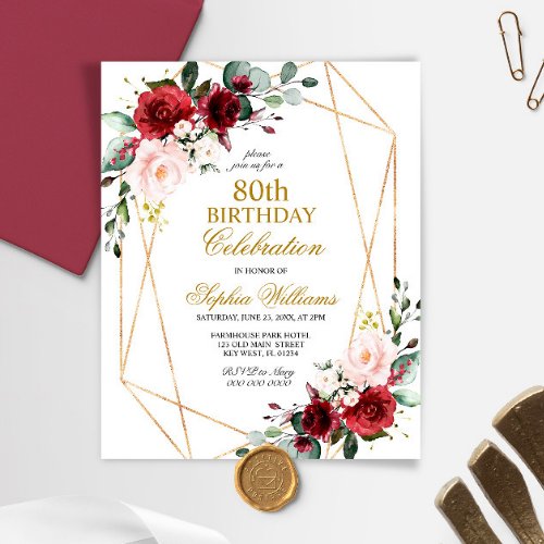 Budget Blush  Burgundy 80th Birthday Invitation