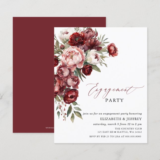 Budget Blush Burgundy Engagement Party Invitations (Front/Back)