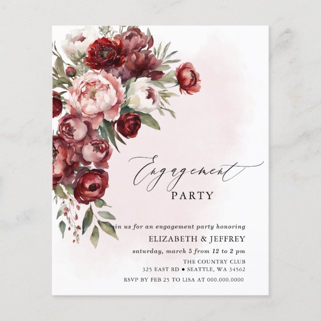 Budget Blush Burgundy Engagement Party Invitations (Front)