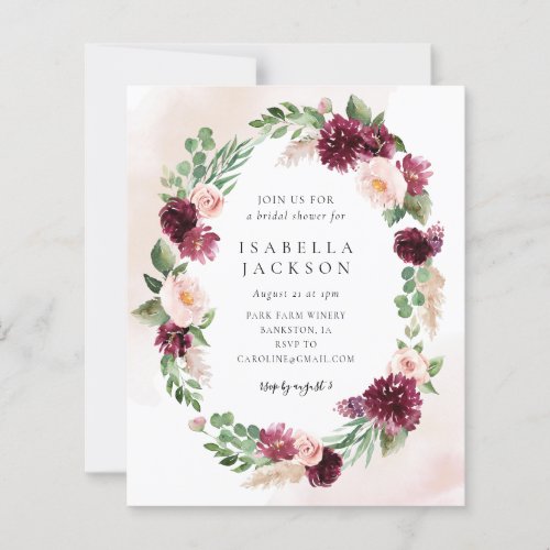 Budget Blush Burgundy Floral Bridal Shower Invite