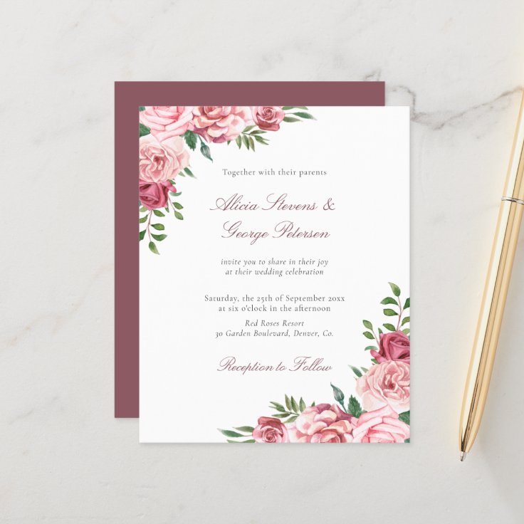 Budget Blush Burgundy Floral Wedding Invitation 