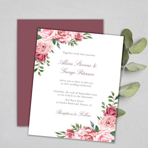 Budget blush burgundy floral wedding invitation