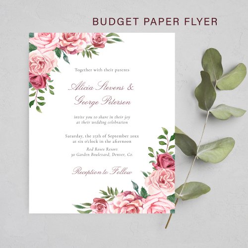 Budget blush burgundy floral wedding invitation flyer