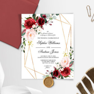Budget Blush & Burgundy Rose Wedding Invitation