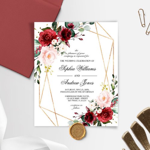 Budget Blush  Burgundy Rose Wedding Invitation