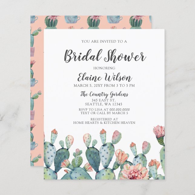 Budget Blush Cactus Bridal Shower Invitation (Front/Back)