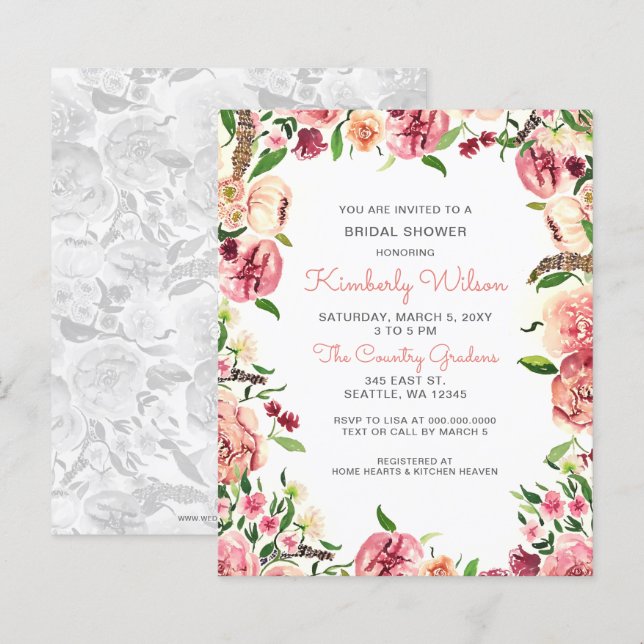Budget Blush Coral Floral Bridal Shower Invitation (Front/Back)