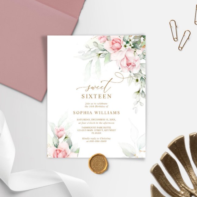 Budget Blush & Eucalyptus Sweet 16 Invitation (Creator Uploaded)