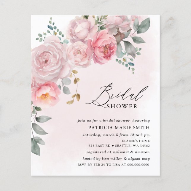 Budget Blush Floral Bridal Shower Invitations (Front)
