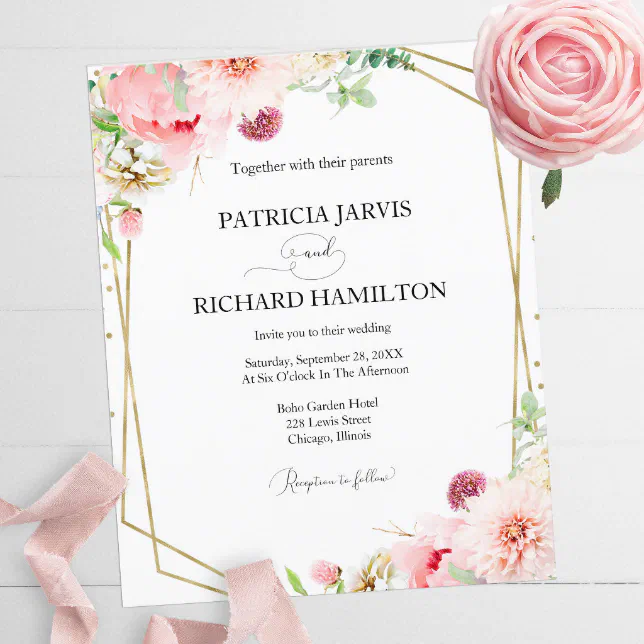 Budget Blush Floral Geometric Wedding Invitation | Zazzle