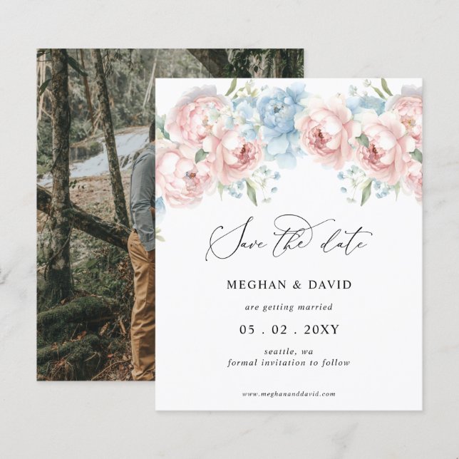 Budget Blush Floral Photo Save the Date (Front/Back)