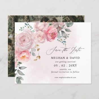 Budget Blush Floral Photo Save The Date by blessedwedding at Zazzle