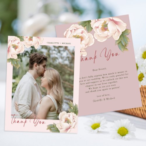 Budget Blush Floral Photo Wedding Thank you Card  Flyer