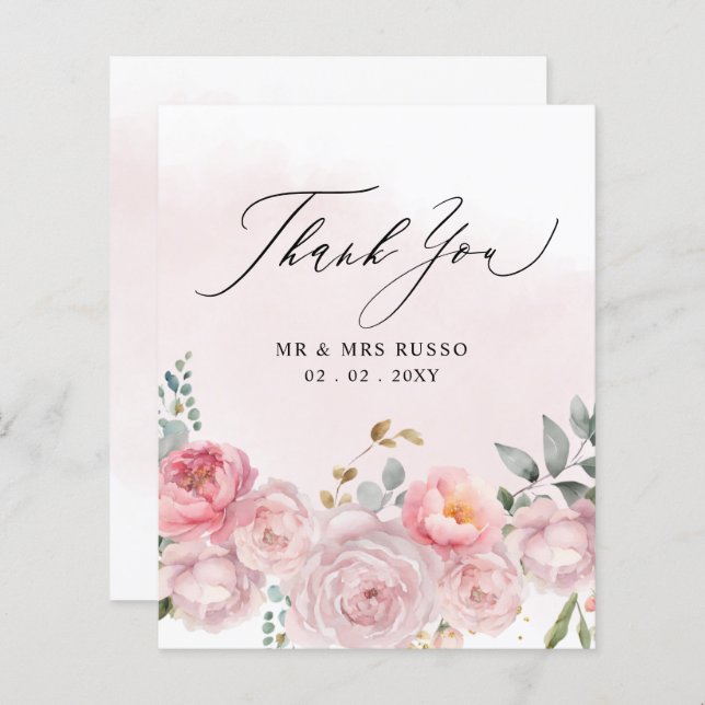 Budget Blush Floral Wedding Thank You Card (Front/Back)