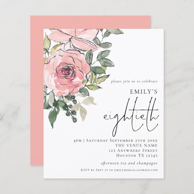 Budget Blush Florals Eightieth Party Invitation (Front/Back)