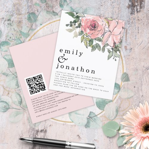 Budget Blush Florals QR Code Wedding Invitation