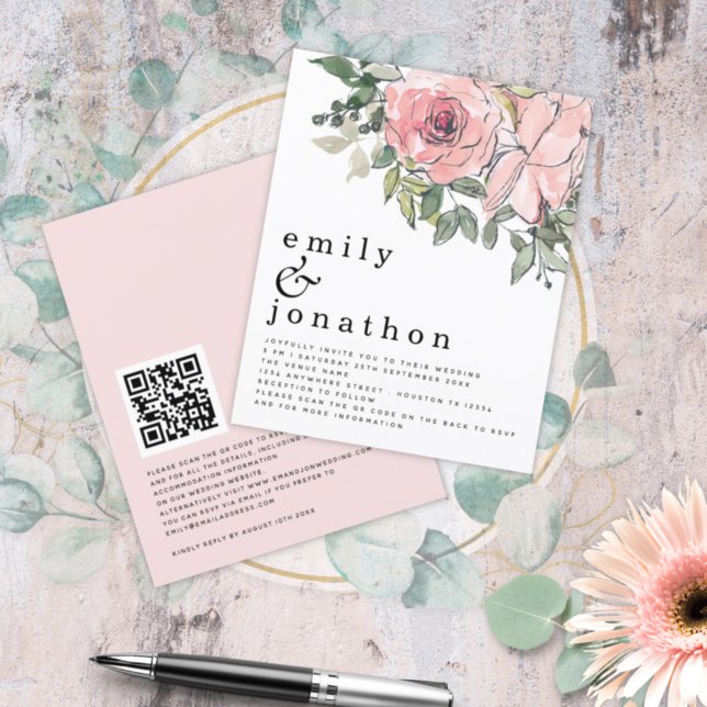 Budget Blush Florals QR Code Wedding Invitation (Creator Uploaded)