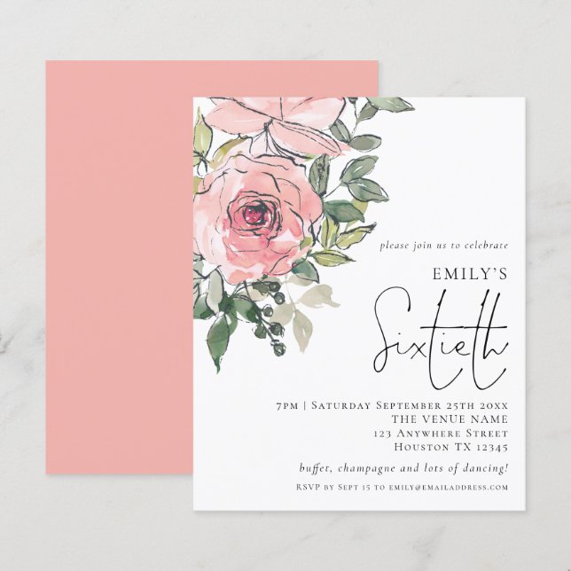 Budget Blush Florals Sixtieth Birthday Invitation (Front/Back)