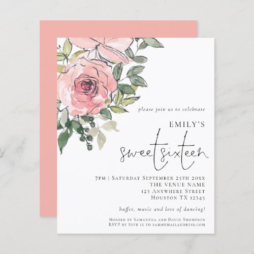 Budget Blush Florals Sweet 16 Invitation