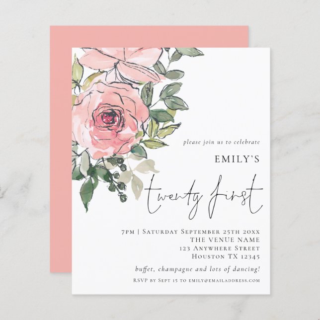 Budget Blush Florals Twenty First Birthday Invite (Front/Back)