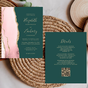 Budget Blush Gold Agate Green QR Code Wedding