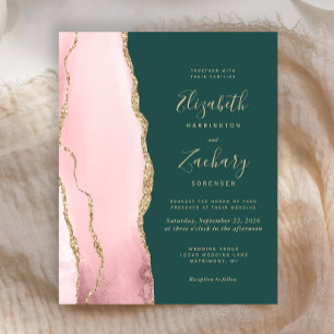 Budget Blush Gold Agate Green Wedding Invitation