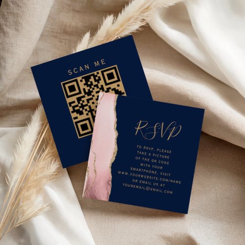 Budget Blush Gold Agate Navy Wedding QR Code RSVP Enclosure Card