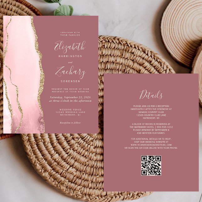 Budget Blush Gold Agate Rose QR Code Wedding (Creator Uploaded)