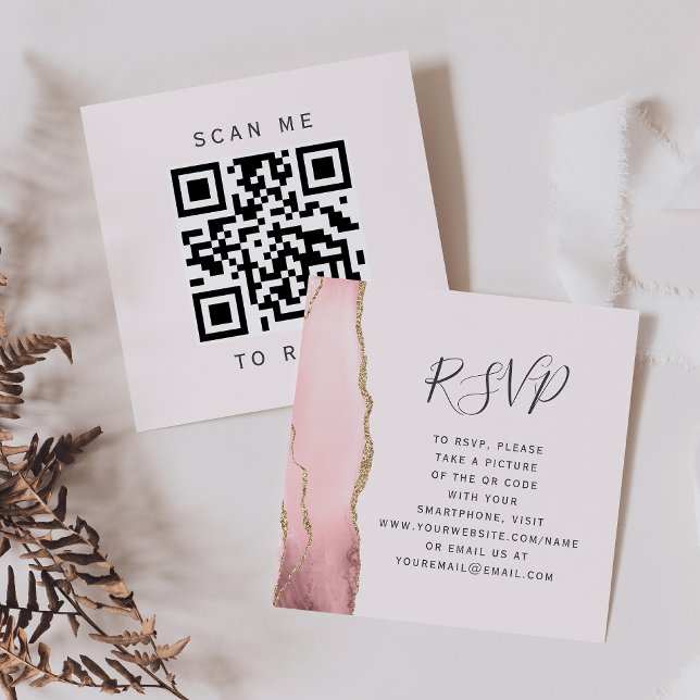 Budget Blush Gold Agate Wedding QR Code RSVP Enclosure Card (Creator Uploaded)