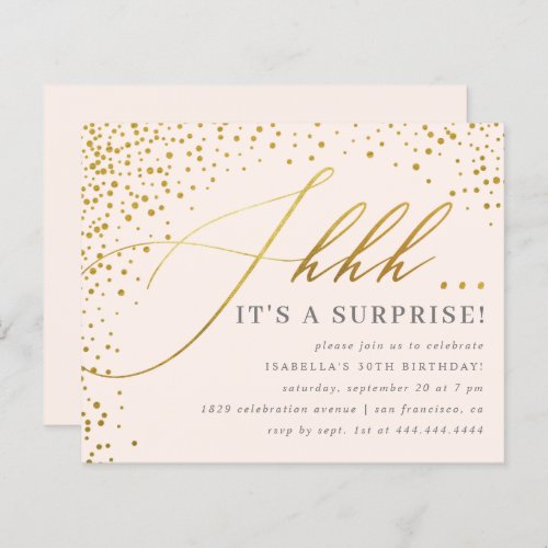 Budget Blush  Gold Confetti Script Surprise Party