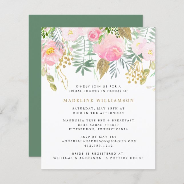 Budget Blush Gold Floral Bridal Shower Invitation  (Front/Back)