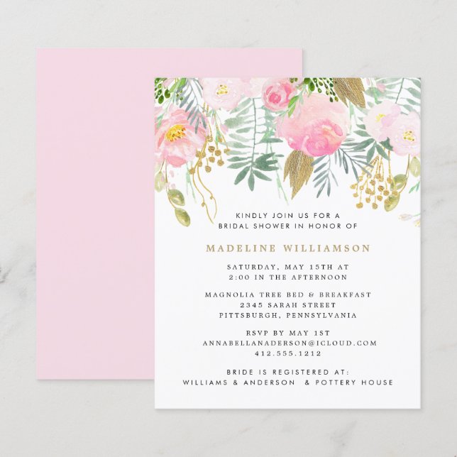 Budget Blush Gold Floral Couple Shower Invitation  (Front/Back)