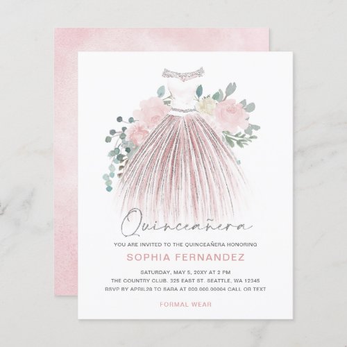 Budget Blush gold glitter Dress Quinceaera Invite