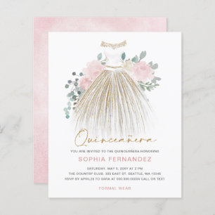 Budget Blush gold glitter Dress Quinceañera Invite