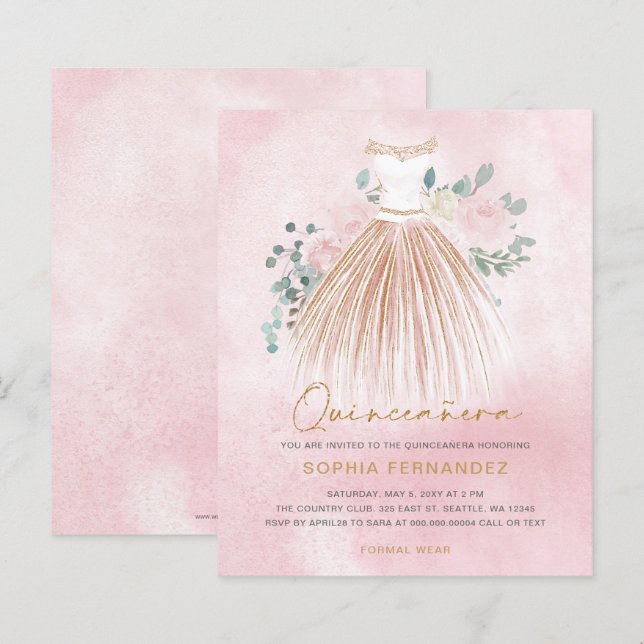 Budget Blush gold glitter Dress Quinceañera Invite (Front/Back)