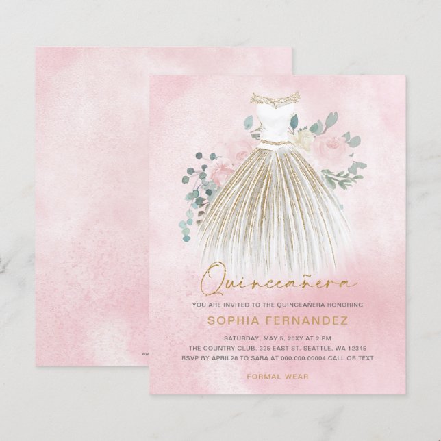 Budget Blush gold glitter Dress Quinceañera Invite (Front/Back)